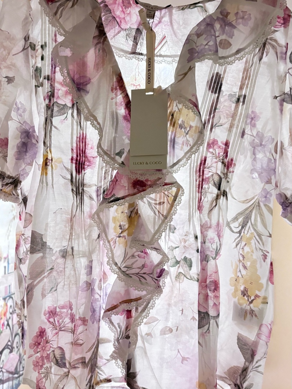 Lucky & Coco Floral Ruffled Sheer Blouse in Multi-Color